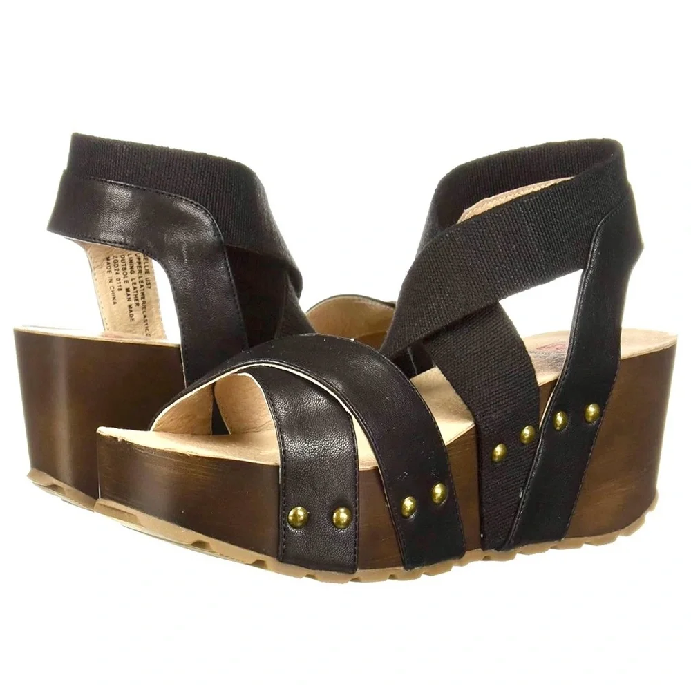 NC National Comfort Mellie Black Wedge Sandals with Cross-Strap Design, Size 9